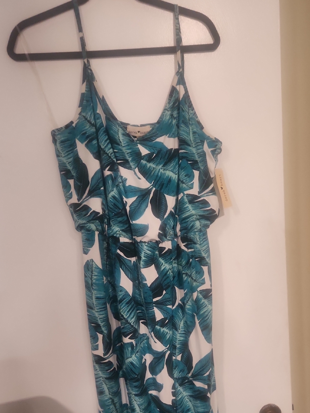 Derek Heart White Maxi Dress with Teal Leaf Print